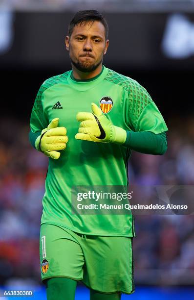 Diego Alves of Valencia looks on during the La Liga match between Valencia CF and Deportivo de La Coruna at Mestalla Stadium on April 2, 2017 in...