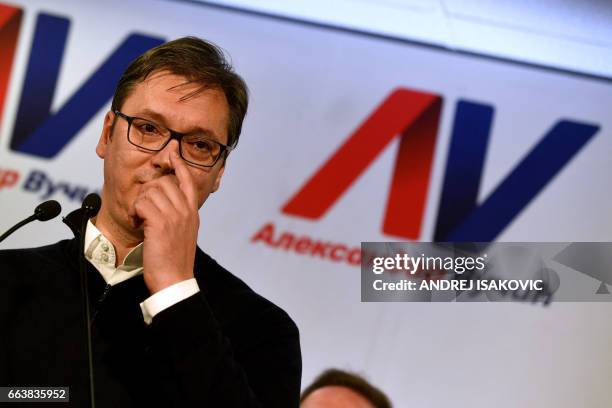 Presidential candidate and Serbian Prime Minister Aleksandar Vucic speaks during a press conference in Belgrade on April 2, 2017. Serbian Prime...