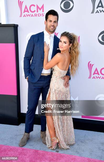 Player Eric Decker and singer Jessie James Decker attend the 52nd Academy Of Country Music Awards at Toshiba Plaza on April 2, 2017 in Las Vegas,...