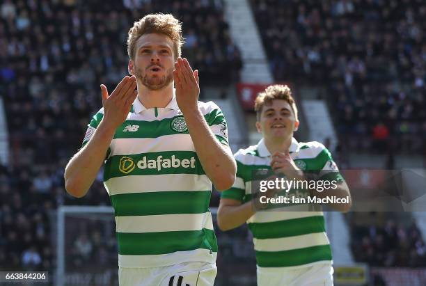 Stuart Armstrong of Celtic celebrates after he scores his team's third goal during the Ladbrokes Premiership match between Hearts and Celtic at...