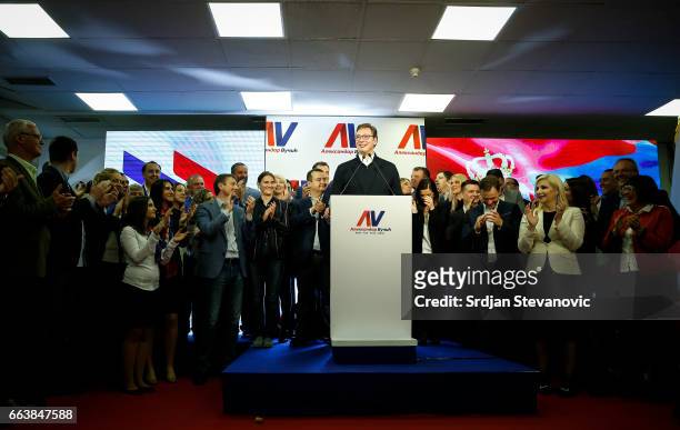 Presidential candidate and Serbian Prime Minister Aleksandar Vucic speaks during a press conference on April 2, 2017 in Belgrade, Serbia. According...