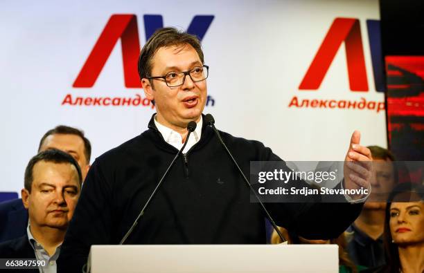 Presidential candidate and Serbian Prime Minister Aleksandar Vucic speaks during a press conference on April 2, 2017 in Belgrade, Serbia. According...