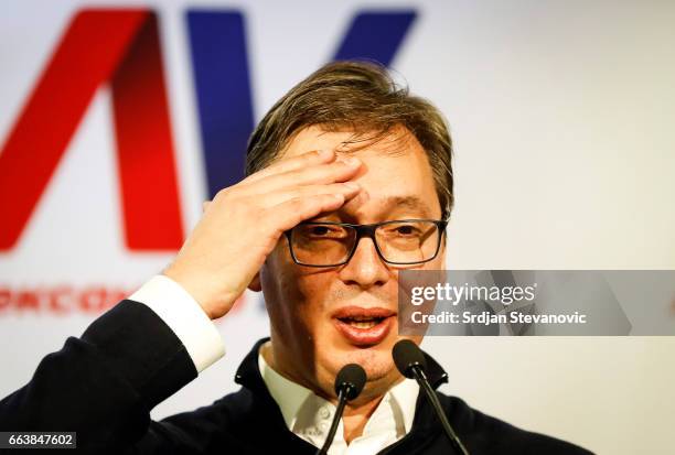 Presidential candidate and Serbian Prime Minister Aleksandar Vucic speaks during a press conference on April 2, 2017 in Belgrade, Serbia. According...