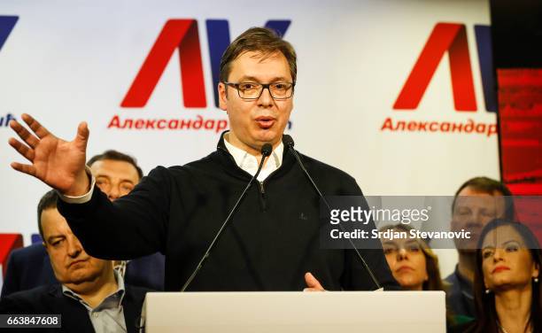Presidential candidate and Serbian Prime Minister Aleksandar Vucic speaks during a press conference on April 2, 2017 in Belgrade, Serbia. According...