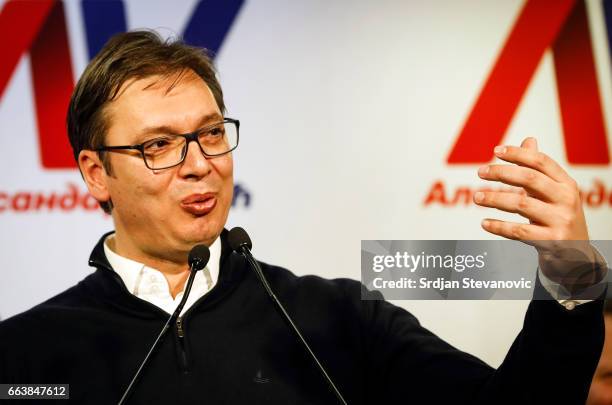 Presidential candidate and Serbian Prime Minister Aleksandar Vucic speaks during a press conference on April 2, 2017 in Belgrade, Serbia. According...