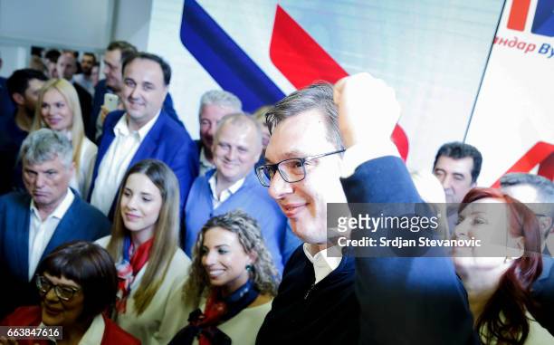 Serbian President-elect Aleksandar Vucic celebrates after declaring a victory on April 2, 2017 in Belgrade, Serbia. According to the research Vucic...