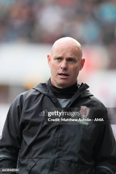 Steve Agnew the head coach / manager of Middlesbrough during the Premier League match between Swansea City and Middlesbrough at Liberty Stadium on...