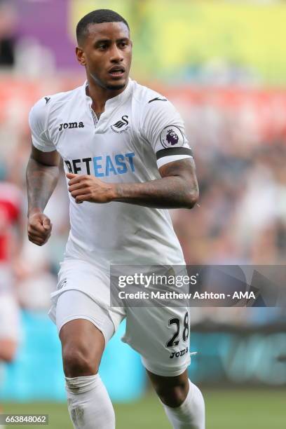Luciano Narsingh of Swansea City during the Premier League match between Swansea City and Middlesbrough at Liberty Stadium on April 2, 2017 in...