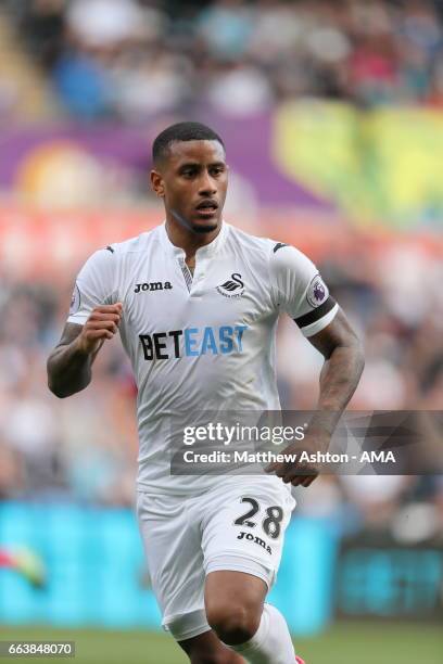 Luciano Narsingh of Swansea City during the Premier League match between Swansea City and Middlesbrough at Liberty Stadium on April 2, 2017 in...