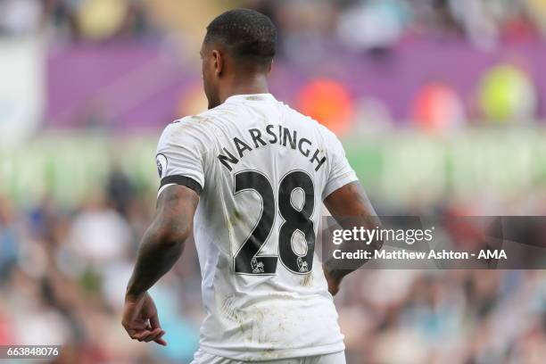 Luciano Narsingh of Swansea City during the Premier League match between Swansea City and Middlesbrough at Liberty Stadium on April 2, 2017 in...