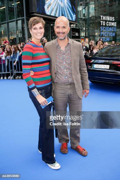 German actor Christoph Maria Herbst and his wife Gisi Herbst during the 'Die Schluempfe - Das verlorene Dorf' premiere at Sony Centre on April 2,...