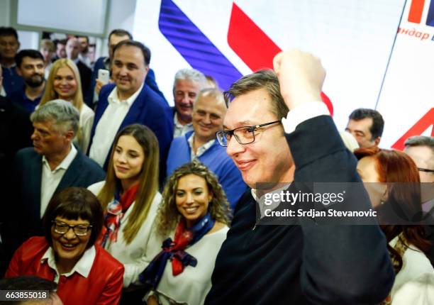 Serbian President-elect Aleksandar Vucic celebrates after declaring a victory on April 2, 2017 in Belgrade, Serbia. According to the research Vucic...