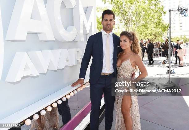 Player Eric Decker and singer Jessie James Decker attend the 52nd Academy Of Country Music Awards at Toshiba Plaza on April 2, 2017 in Las Vegas,...