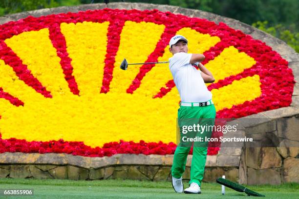 Golfer Sung Kang plays his shot from the 18th tee during Shell Houston Open on April 02, 2017 at Golf Club of Houston in Humble, TX.