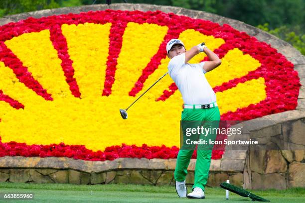 Golfer Sung Kang plays his shot from the 18th tee during Shell Houston Open on April 02, 2017 at Golf Club of Houston in Humble, TX.