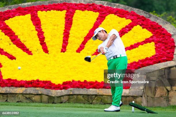 Golfer Sung Kang plays his shot from the 18th tee during Shell Houston Open on April 02, 2017 at Golf Club of Houston in Humble, TX.