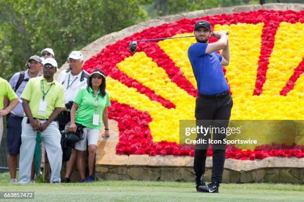 Golfer Kyle Stanley plays his shot from the 18th tee during Shell Houston Open on April 02, 2017 at Golf Club of Houston in Humble, TX.