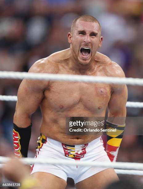 Mojo Rawley screams during WrestleMania 33 on Sunday, April 2, 2017 at Camping World Stadium in Orlando, Fla.