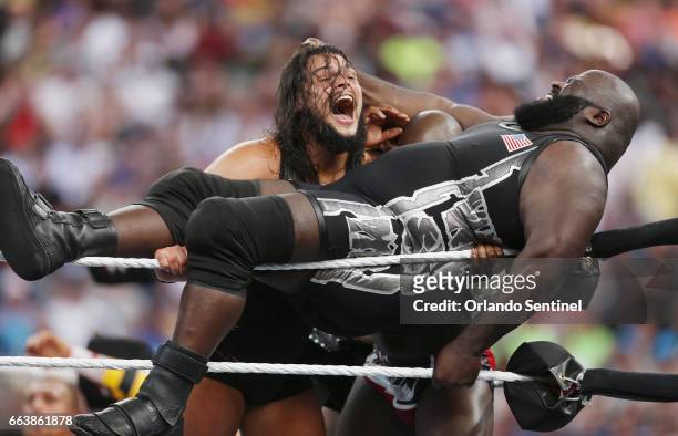 Wrestlers compete in the Battle Royal during WrestleMania 33 on Sunday, April 2, 2017 at Camping World Stadium in Orlando, Fla.