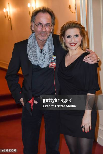 Hugo Egon Balder and Jeanette Biedermann attend the 'Aufguss' Premiere at Theatre Kurfuerstendamm on April 2, 2017 in Berlin, Germany.