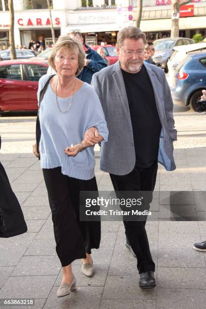 Juergen von der Lippe and his wife Anne Dohrenkamp attend the 'Aufguss' Premiere at Theatre Kurfuerstendamm on April 2, 2017 in Berlin, Germany.