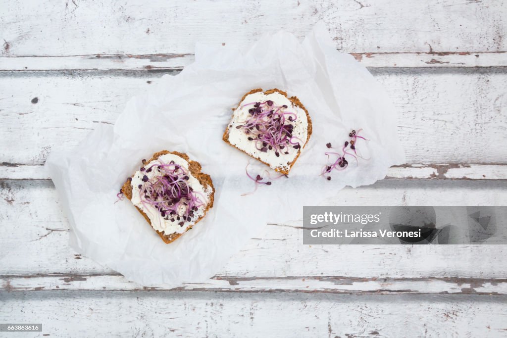 Healthy whole grain bread with cream cheese and beetroot sprouts