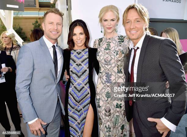 Co-host Dierks Bentley, Cassidy Black, actor Nicole Kidman and singer Keith Urban attend the 52nd Academy Of Country Music Awards at Toshiba Plaza on...