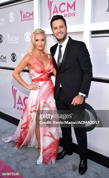 Caroline Boyer and co-host Luke Bryan attend the 52nd Academy Of Country Music Awards at Toshiba Plaza on April 2, 2017 in Las Vegas, Nevada.