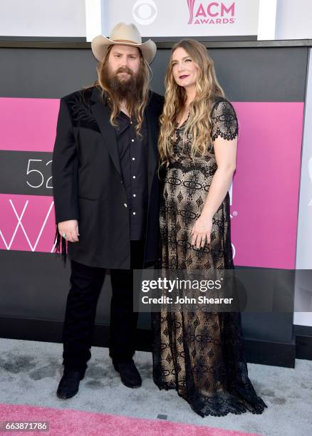 Recording artist Chris Stapleton and Morgane Stapleton attend the 52nd Academy Of Country Music Awards at Toshiba Plaza on April 2, 2017 in Las...