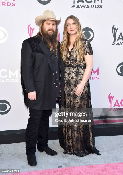 Recording artist Chris Stapleton and Morgane Stapleton attend the 52nd Academy Of Country Music Awards at Toshiba Plaza on April 2, 2017 in Las...