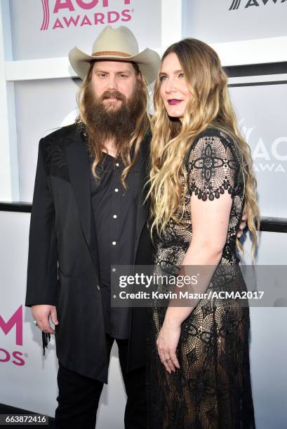 Recording artist Chris Stapleton and Morgane Stapleton attend the 52nd Academy Of Country Music Awards at Toshiba Plaza on April 2, 2017 in Las...