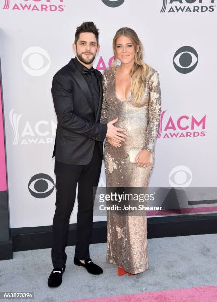 Recording artist Thomas Rhett and Lauren Gregory Akins attends the 52nd Academy Of Country Music Awards at Toshiba Plaza on April 2, 2017 in Las...