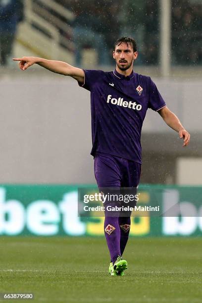 Davide Astori of ACF Fiorentina reacts during the Serie A match between ACF Fiorentina and Bologna FC at Stadio Artemio Franchi on April 2, 2017 in...
