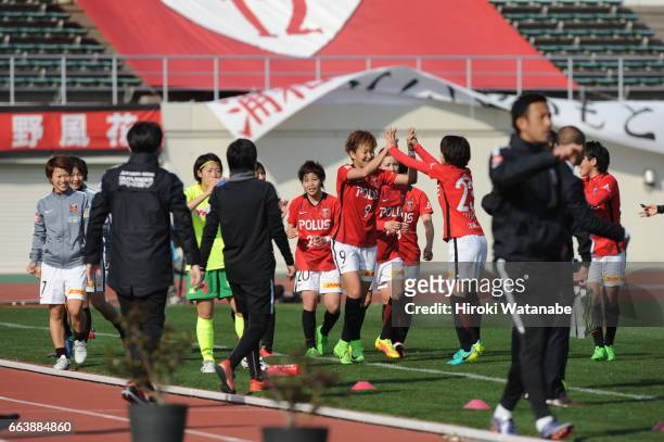 Yuika Sugasawa of Urawa Red Diamonds celebrates scoring her team`s third goal during the Nadeshiko League match between Urawa Red Diamonds Ladies and...