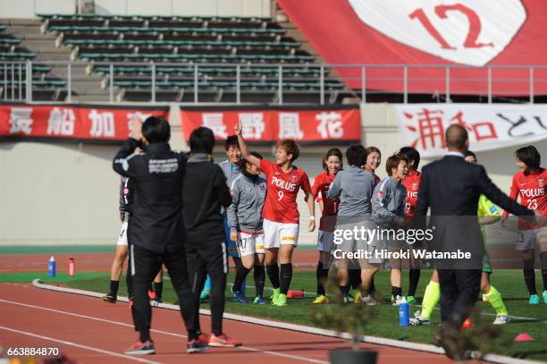 Yuika Sugasawa of Urawa Red Diamonds celebrates scoring her team`s third goal during the Nadeshiko League match between Urawa Red Diamonds Ladies and...