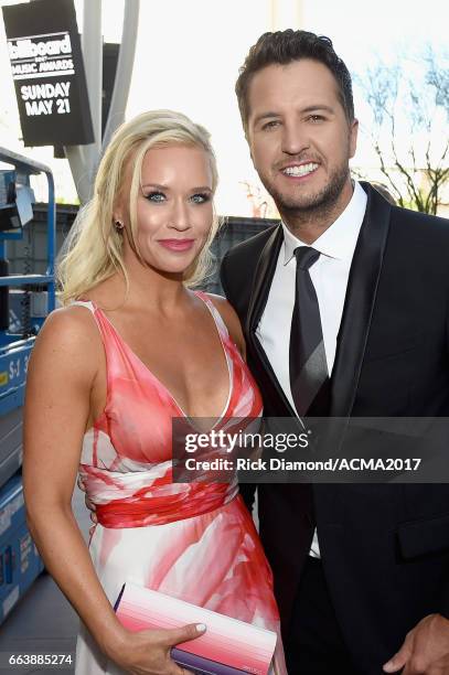 Caroline Boyer and recording artist/co-host Luke Bryan attend the 52nd Academy Of Country Music Awards at T-Mobile Arena on April 2, 2017 in Las...