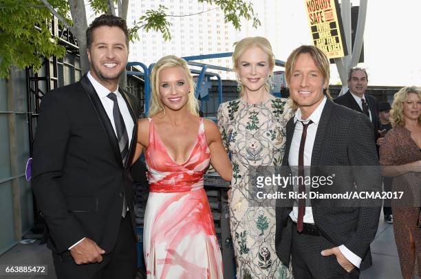 Recording artist/co-host Luke Bryan, Caroline Boyer, actor Nicole Kidman and singer Keith Urban attend the 52nd Academy Of Country Music Awards at...