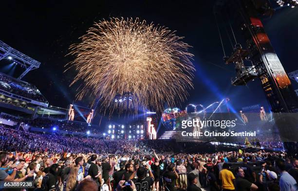 Fireworks explode during WrestleMania 33 on Sunday, April 2, 2017 at Camping World Stadium in Orlando, Fla.