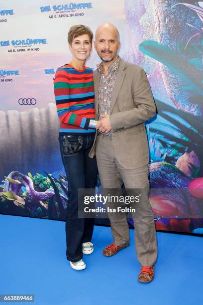 German actor Christoph Maria Herbst and his wife Gisi Herbst during the 'Die Schluempfe - Das verlorene Dorf' premiere at Sony Centre on April 2,...