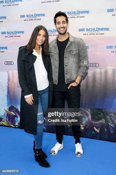 Lifestyle-Blogger and influencer Sami Slimani and his sister influencer Lamiya Slimani during the 'Die Schluempfe - Das verlorene Dorf' premiere at...