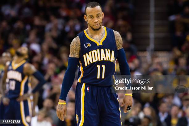 Monta Ellis of the Indiana Pacers reacts after being called from a foul during the first half against the Cleveland Cavaliers at Quicken Loans Arena...