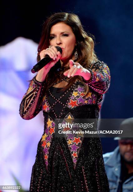 Recording artist Karen Fairchild of music group Little Big Town performs onstage during the 52nd Academy of Country Music Awards at T-Mobile Arena on...