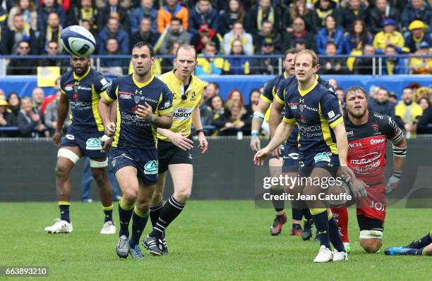 Morgan Parra, Nick Abendanon of ASM Clermont in action during the European Rugby Champions Cup quarter final match between ASM Clermont Auvergne and...