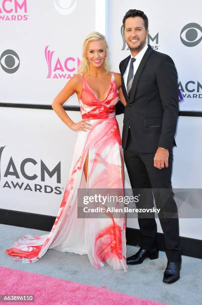 Caroline Boyer and recording artist/co-host Luke Bryan arrive at the 52nd Academy Of Country Music Awards on April 2, 2017 in Las Vegas, Nevada.