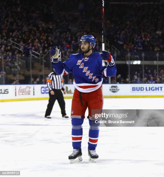 Mika Zibanejad of the New York Rangers celebrates his second period goal against the Philadelphia Flyers at Madison Square Garden on April 2, 2017 in...