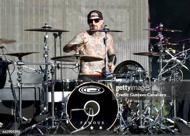 Drummer Travis Barker or Blink-182 performs at the Capital One JamFest during the NCAA March Madness Music Festival 2017 on April 2, 2017 in Phoenix,...