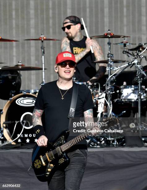 Drummer Travis Barker and guitarist Matt Skiba of Blink-182 perform at the Capital One JamFest during the NCAA March Madness Music Festival 2017 on...