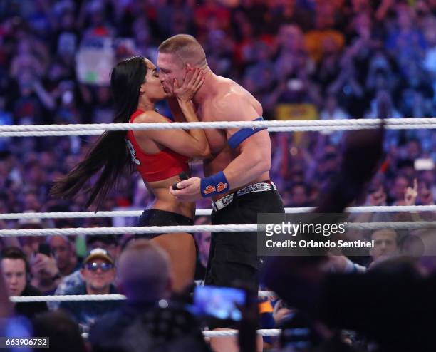 John Cena proposes to Nikki Bella during WrestleMania 33 on Sunday, April 2, 2017 at Camping World Stadium in Orlando, Fla.