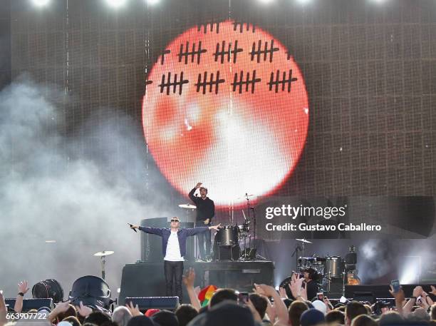 Musicians Macklemore and Ryan Lewis perform at the Capital One JamFest during the NCAA March Madness Music Festival 2017 on April 2, 2017 in Phoenix,...