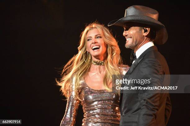 Singers Faith Hill and Tim McGraw perform onstage at the 52nd Academy Of Country Music Awards at T-Mobile Arena on April 2, 2017 in Las Vegas, Nevada.